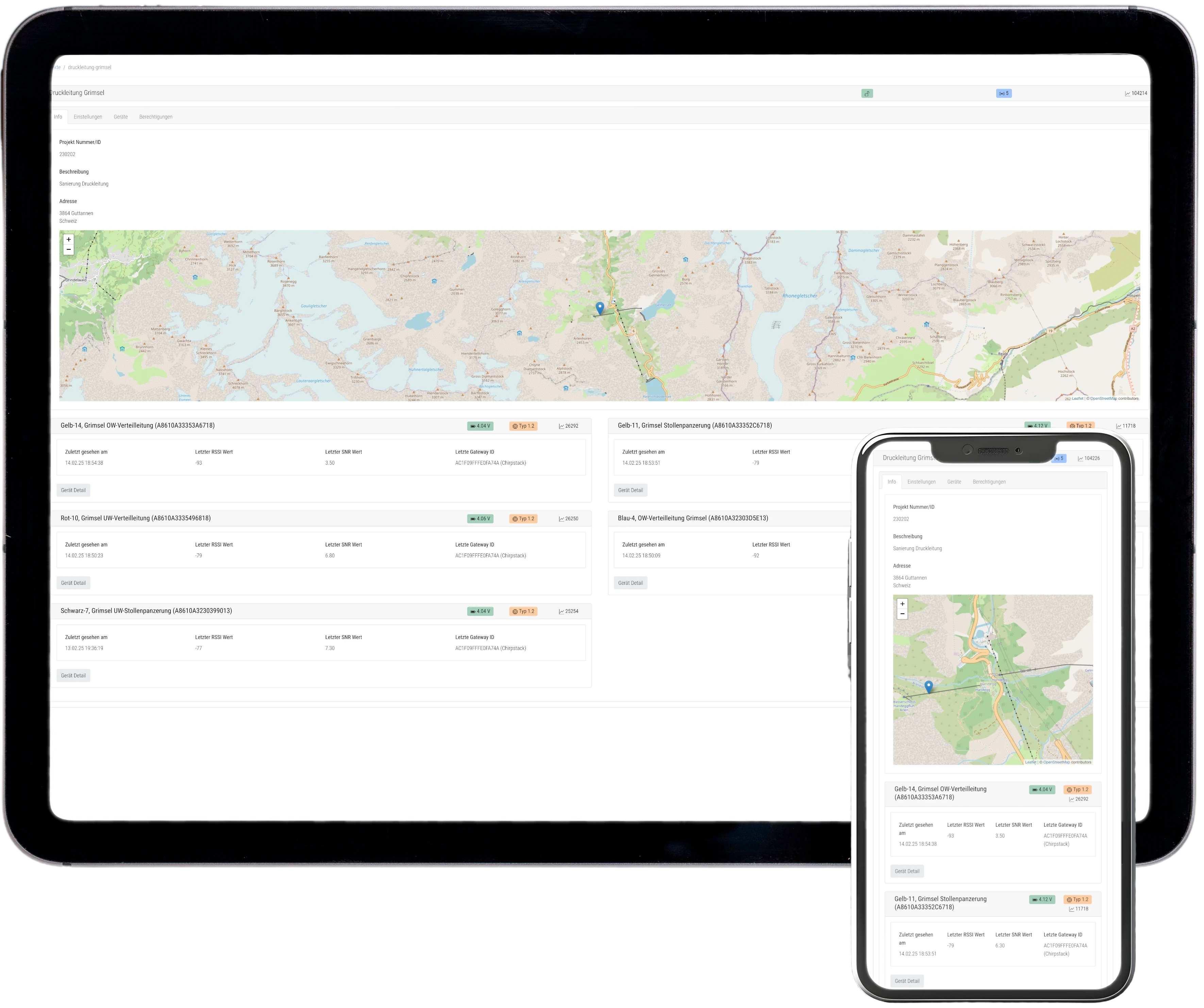 Mockup auf Tablet und Mobile dass eine Projekt Übersichtsseite der IOT Webanwendung zeigt.