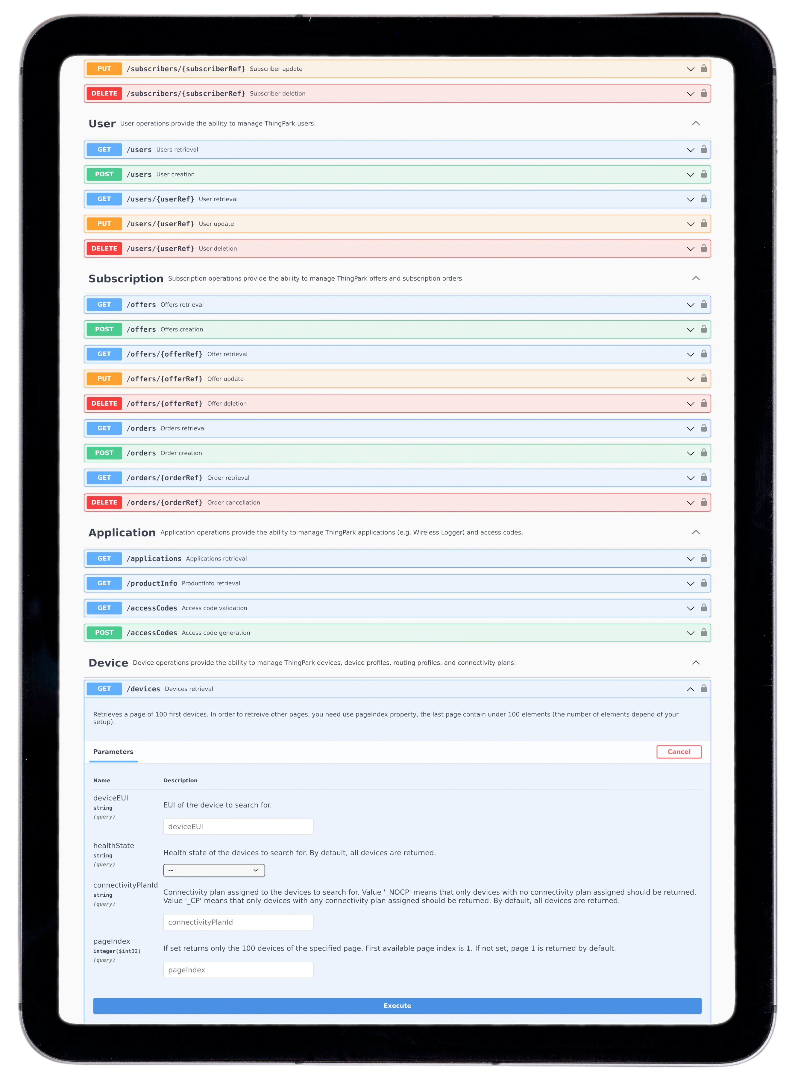 Mockup auf Tablet von einem Beispiel API das Swagger unterstützt.